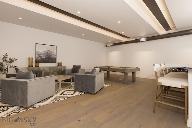 playroom with hardwood / wood-style floors, pool table, and beamed ceiling