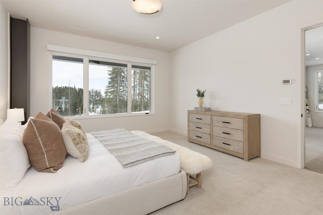 bedroom with light colored carpet