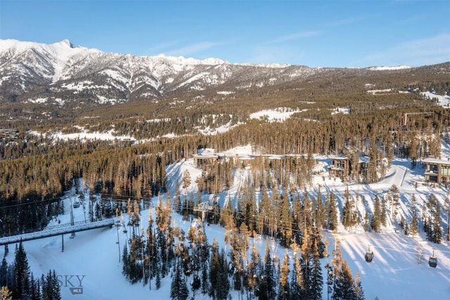 snowy aerial view featuring a mountain view