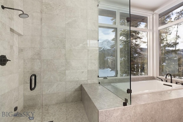 bathroom featuring plenty of natural light and plus walk in shower