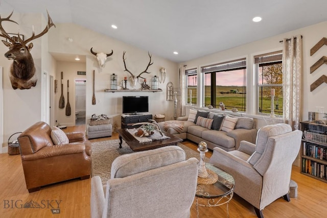 living room with lofted ceiling and light hardwood / wood-style floors