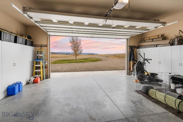 garage at dusk featuring a garage door opener