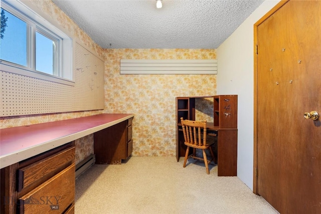 office featuring light colored carpet, a textured ceiling, and a baseboard heating unit