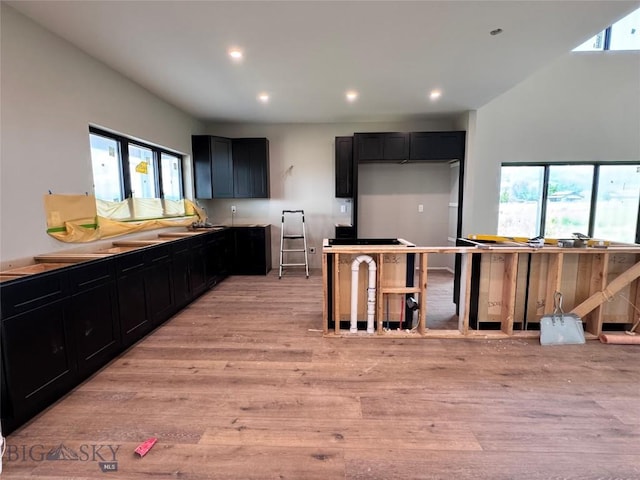 6111 Springhill Rd, Belgrade, MT 59714 - kitchen featuring light wood-style floors, dark cabinetry, and recessed lighting