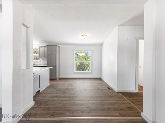 interior space featuring gray cabinets, dark wood-type flooring, and a textured ceiling