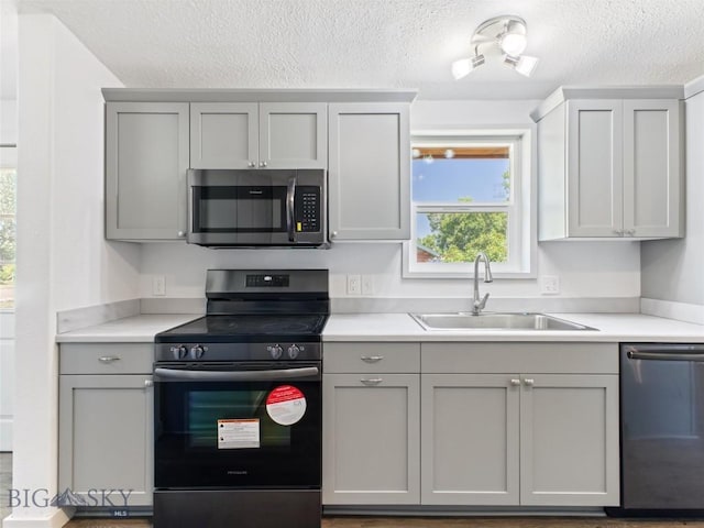 kitchen featuring gray cabinetry, sink, a textured ceiling, and appliances with stainless steel finishes