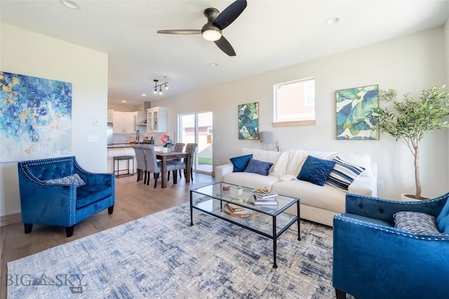 living room with hardwood / wood-style flooring and ceiling fan