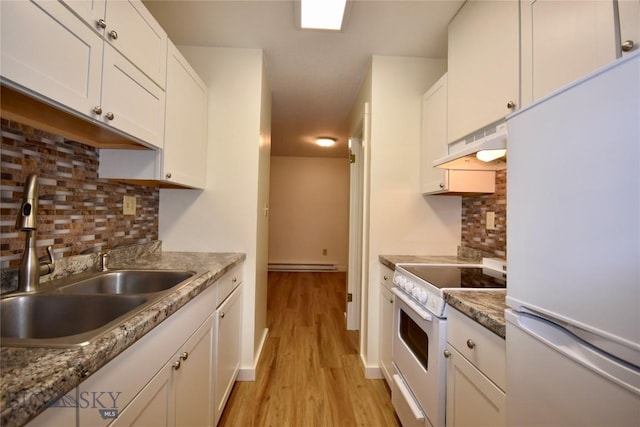 kitchen with tasteful backsplash, sink, white cabinets, and white appliances