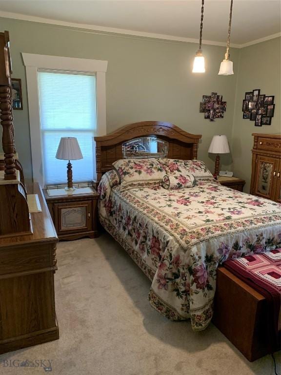 carpeted bedroom featuring ornamental molding