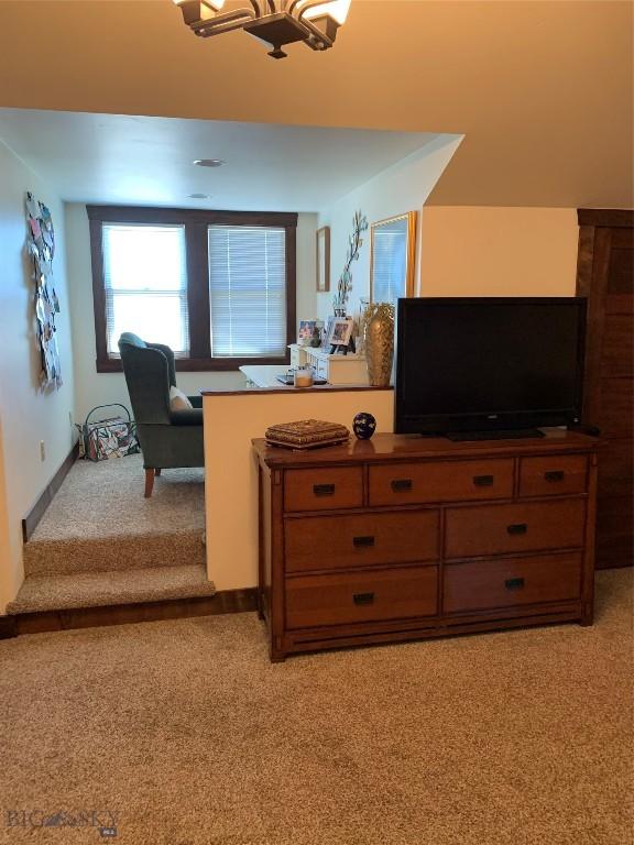 bedroom with light carpet