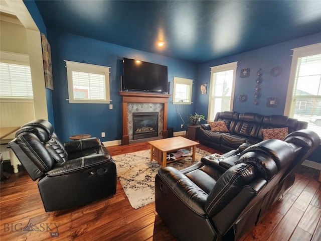 living room featuring hardwood / wood-style flooring and a fireplace