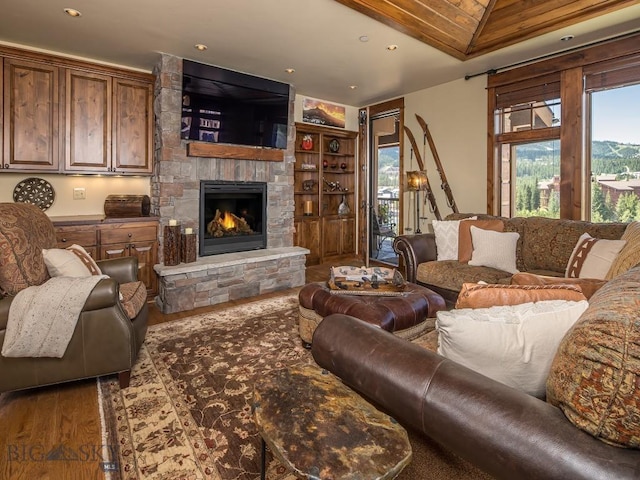 living room featuring hardwood / wood-style flooring and a fireplace