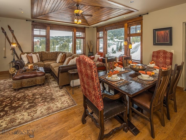 dining area featuring wood ceiling, ceiling fan, and light wood-type flooring