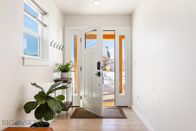 doorway to outside with baseboards, light wood-style flooring, and a wealth of natural light