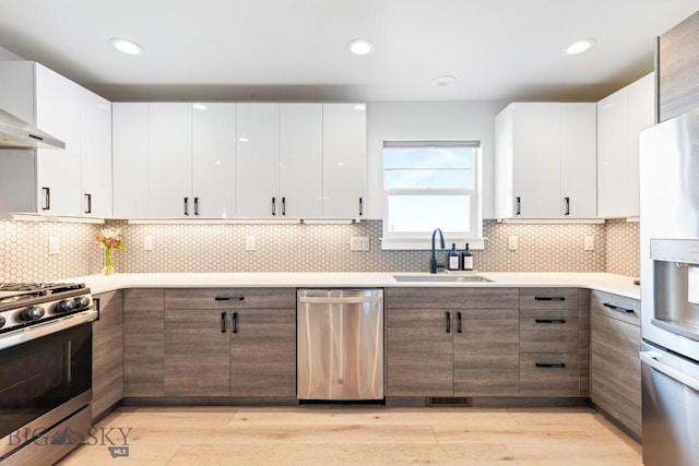 kitchen featuring sink, light wood-type flooring, white cabinets, stainless steel appliances, and backsplash