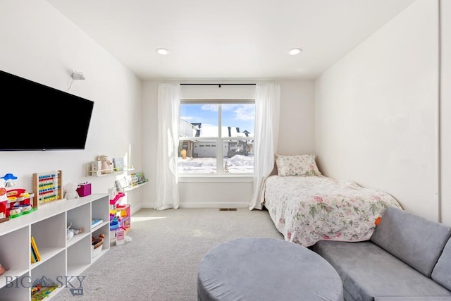 carpeted bedroom with visible vents, recessed lighting, and baseboards