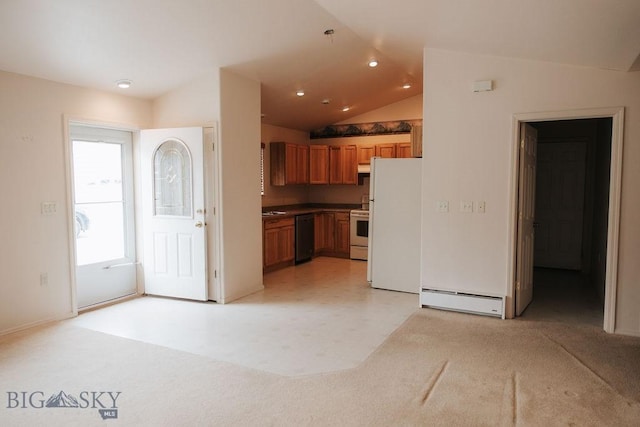 kitchen with lofted ceiling, a baseboard heating unit, white appliances, and light carpet