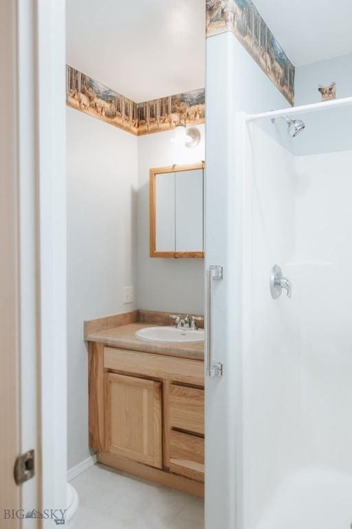 bathroom with vanity and walk in shower