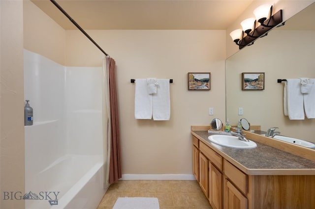 20 Talon Way Unit D, Bozeman, MT 59718 - full bathroom with vanity, baseboards, tile patterned floors, and shower / bathtub combination with curtain
