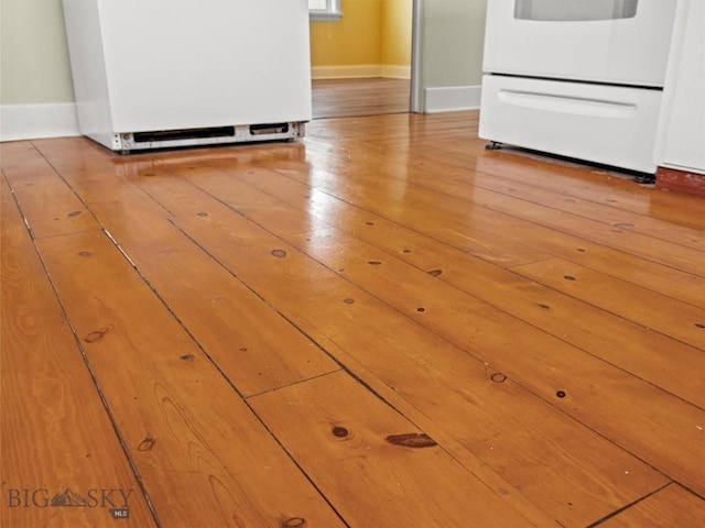 details with hardwood / wood-style flooring, refrigerator, and stove