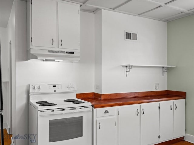 kitchen with electric stove and white cabinets