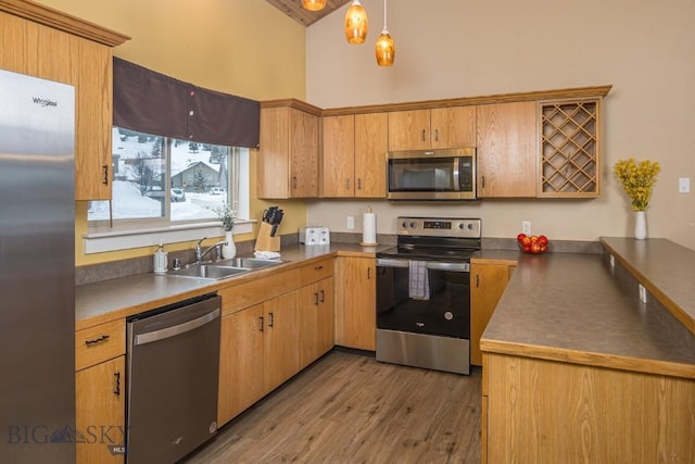 kitchen featuring sink, hanging light fixtures, a towering ceiling, stainless steel appliances, and hardwood / wood-style floors