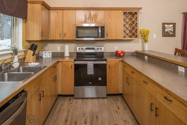 kitchen featuring appliances with stainless steel finishes, light hardwood / wood-style floors, and sink