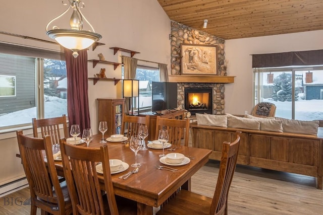 dining room featuring wooden ceiling, a healthy amount of sunlight, a fireplace, and light hardwood / wood-style floors