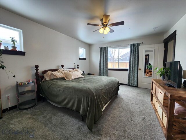 bedroom with a ceiling fan and carpet flooring