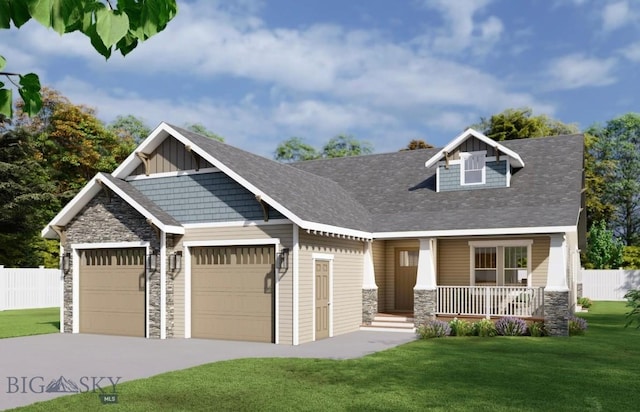 craftsman house with a garage, a front yard, and covered porch