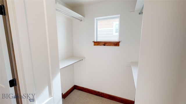 walk in closet featuring light colored carpet