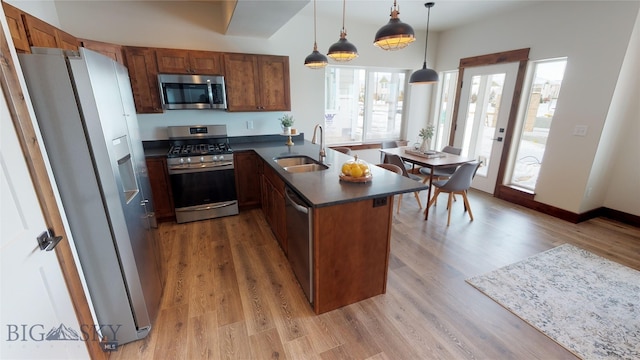 kitchen with pendant lighting, sink, stainless steel appliances, and hardwood / wood-style floors