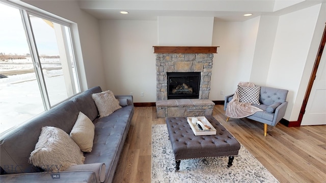 living room with a fireplace and light wood-type flooring