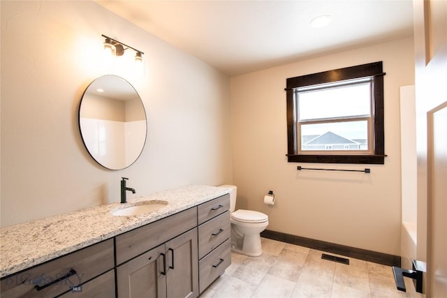 bathroom with visible vents, baseboards, toilet, and vanity