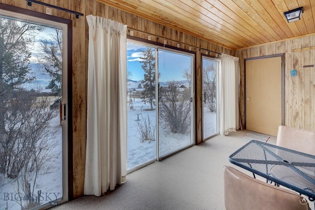 doorway to outside with wood ceiling and wooden walls