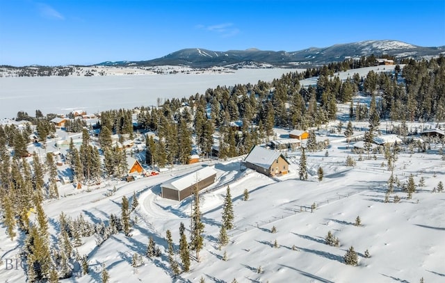 snowy aerial view featuring a mountain view