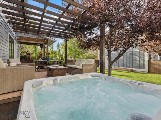 view of patio with an outdoor living space, a hot tub, a pergola, and a deck