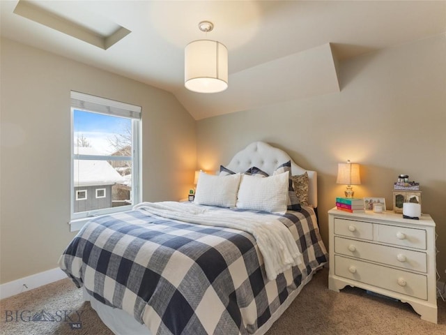 bedroom featuring lofted ceiling and carpet