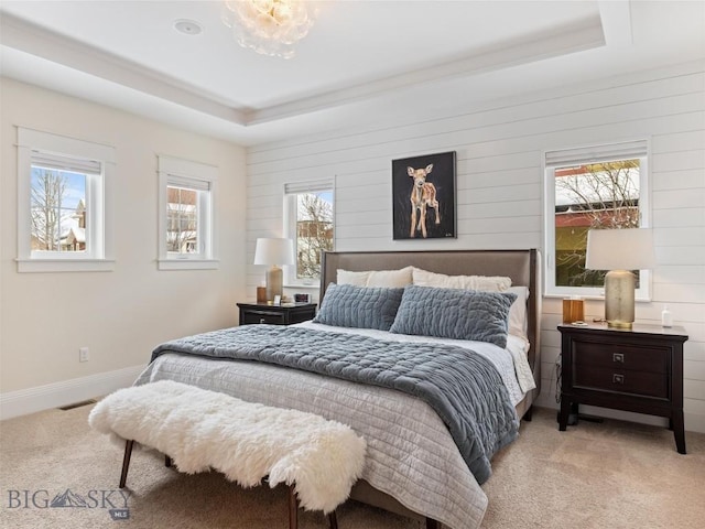 carpeted bedroom featuring a tray ceiling