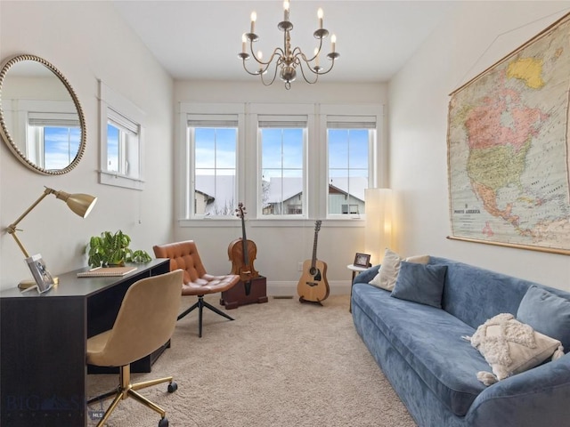 carpeted office space featuring a notable chandelier