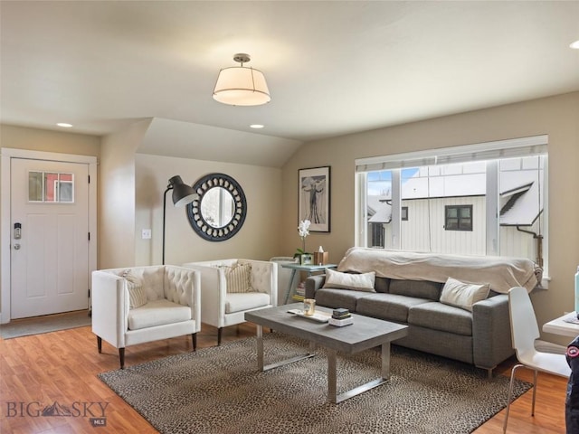 living room with vaulted ceiling and light wood-type flooring