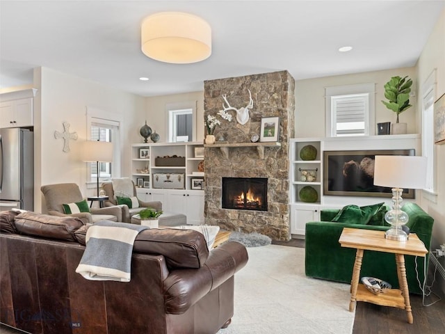 living room with a fireplace