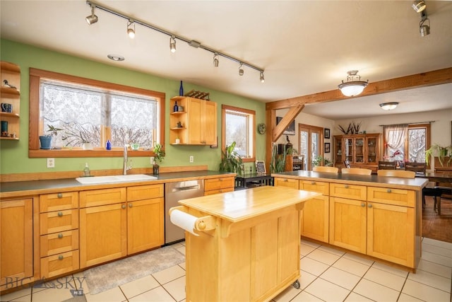 2225 Stagecoach Trail Rd, Manhattan, MT 59741 - kitchen featuring track lighting, a sink, dishwasher, open shelves, and a peninsula