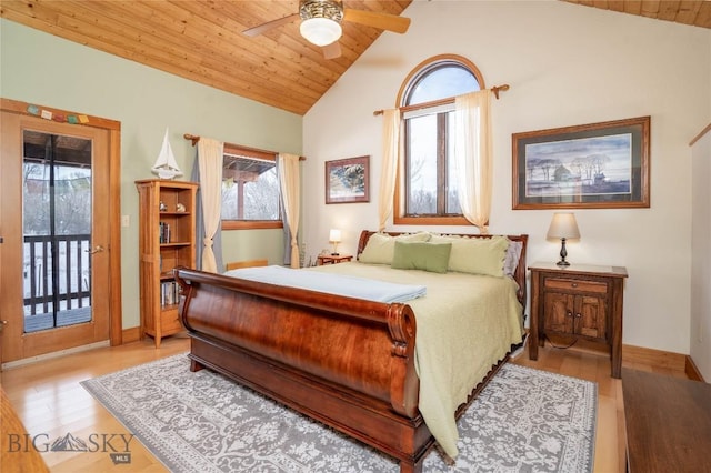 bedroom with lofted ceiling, access to outside, wooden ceiling, and light wood-type flooring