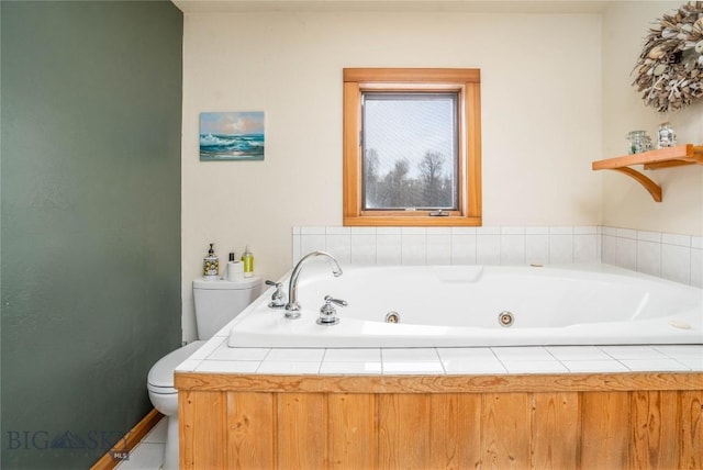 bathroom with a relaxing tiled tub and toilet