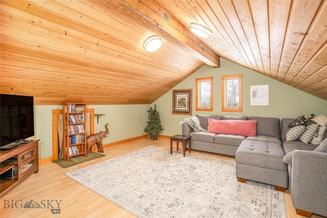 living room with vaulted ceiling with beams, hardwood / wood-style floors, and wood ceiling