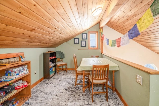 interior space with vaulted ceiling with beams, a wealth of natural light, and wood ceiling