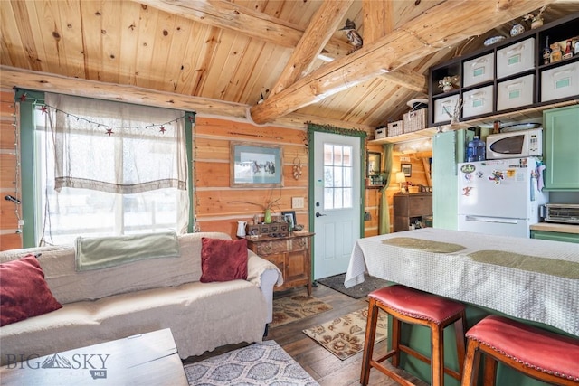 interior space featuring wood walls, vaulted ceiling with beams, dark hardwood / wood-style flooring, wooden ceiling, and white appliances