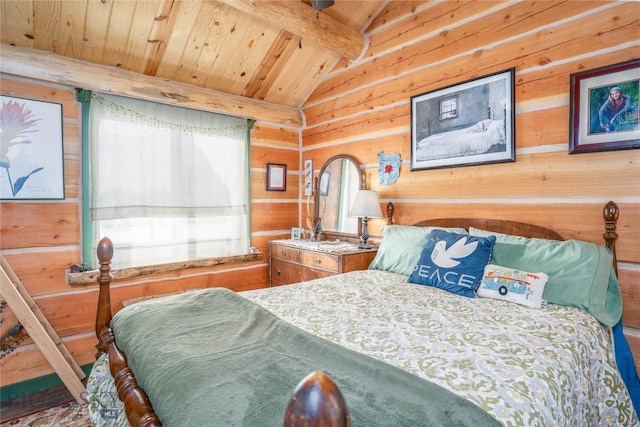 bedroom with vaulted ceiling with beams, wooden walls, and wooden ceiling