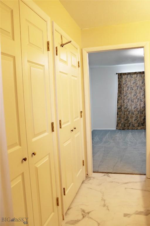 corridor with carpet and marble finish floor